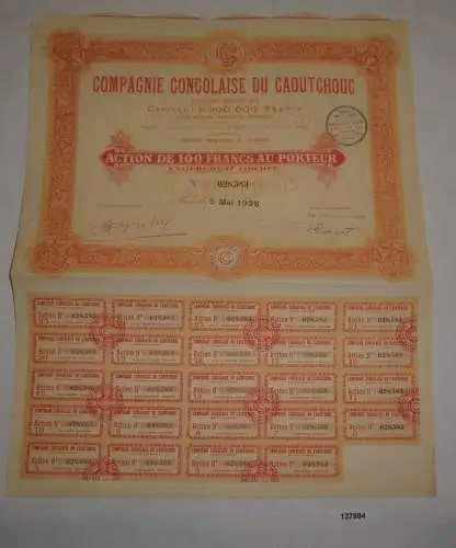 100 Francs Aktie Compagnie Congolaise du Caoutchouc Paris 1928 (127984)