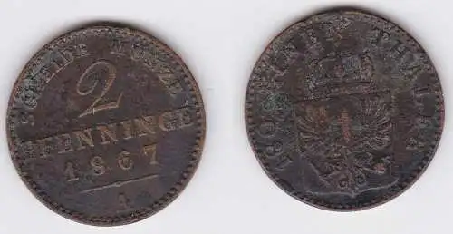 2 Pfennige Kupfer Münze Preußen 1867 A (125729)