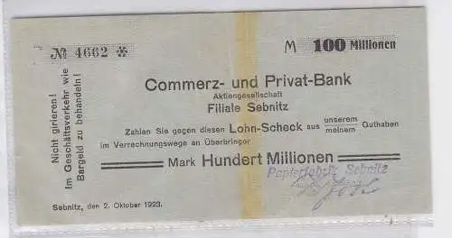 100 Millionen Mark Banknote Papierfabrik Sebnitz 2.10.1923 (118819)