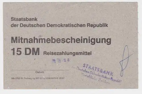 15 DM Reisezahlungsmittel Mitnahmebescheinigung DDR 1989 (118950)