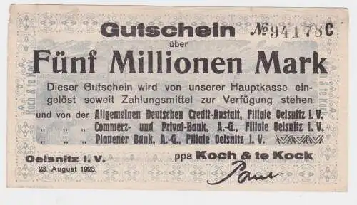 5 Millionen Mark Banknote Ölsnitz im Vogtl. Koch & te Kock 23.8.1923 (113006)