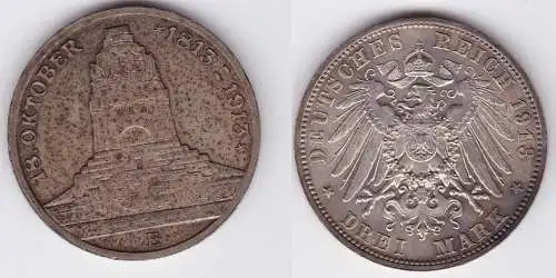 3 Mark Silber Münze Sachsen Völkerschlachtdenkmal Leipzig 1913 (125630)