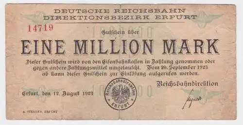 1 Million Mark Banknote Reichsbahndirektion Erfurt 12.8.1923  (116882)