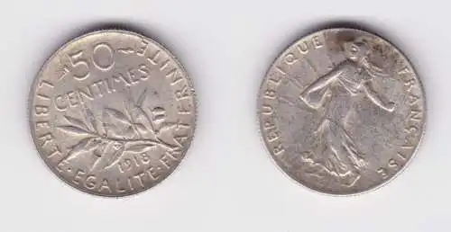 50 Centimes Silber Münze Frankreich 1918 ss+ (137479)