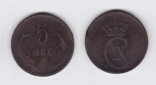 5 Öre Kupfer Münze Dänemark Delphin 1874 (117243)