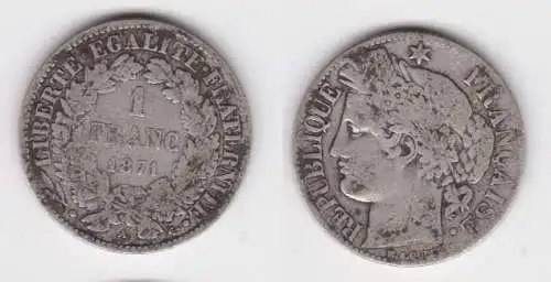 1 Franc Silber Münze Frankreich 1871 A f.ss  (143011)