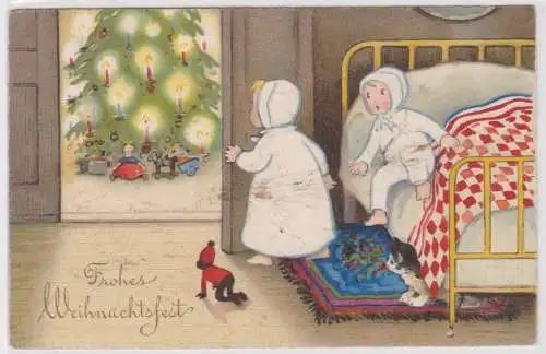 40916 Ak Katze jund Kinder staunen Weihnachtsbaum an um 1940