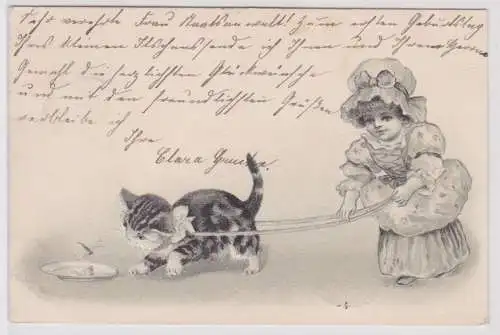 45915 Präge Ak Kind mit Katze an der Leine 1902