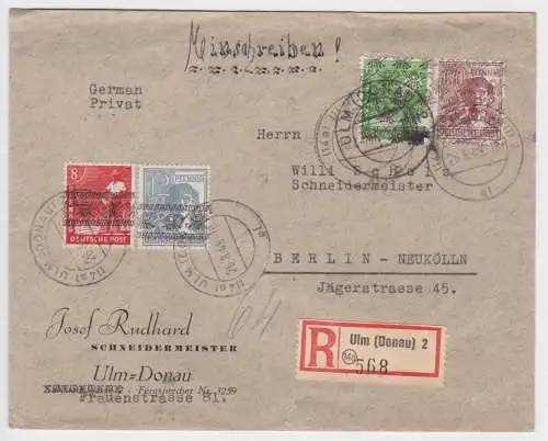 19527 Einschreibe Brief Zudruck Josef Rudhard Schneidermeister Ulm-Donau 1948