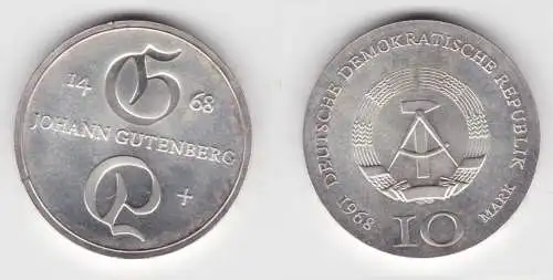 DDR Gedenk Silber Münze 10 Mark Johann Gutenberg 1968 Stempelglanz (151926)