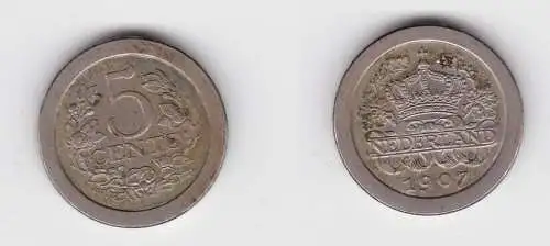 5 Cent Kupfer Nickel Münze Niederlande 1907 ss+ (103899)