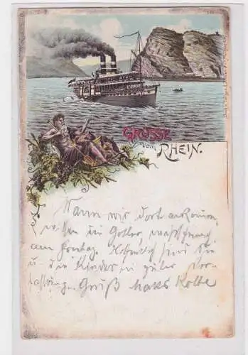 91818 AK Grüsse vom Rhein - Raddämpfer vor Klippe bei Coblenz? 1898