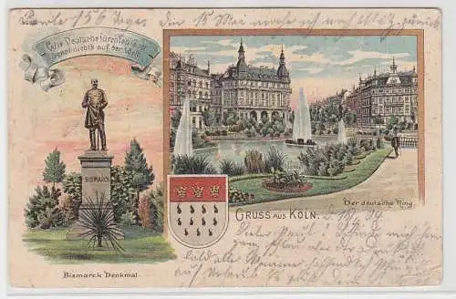 69044 Ak Lithographie Gruß aus Köln Bismarckdenkmal, Ring 1904