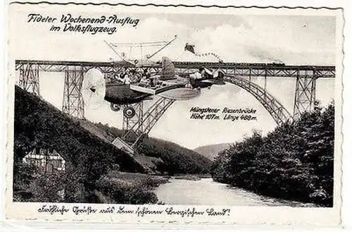 65566 Humor Ak Müngstener Brücke Wochenend Ausflug mit Volksflugzeug um 1930