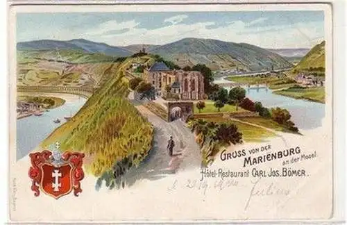 60686 Ak Lithographie Gruß von der Marienburg an der Mosel Hotel Restaurant 1900