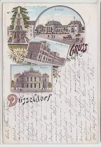 58363 Ak Lithografie Gruss aus Düsseldorf Bahnhof, Kunst-Akademie usw. 1898