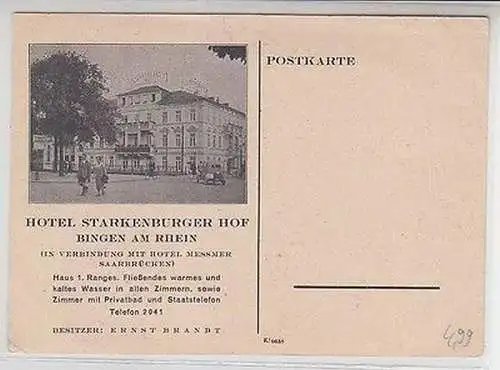 44626 Ak Bingen am Rhein Hotel Starkenburger Hof um 1940