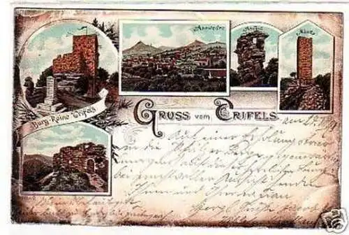 20021 Ak Lithographie Gruß vom Trifels Burg Ruine 1898