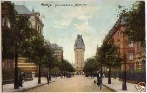 13577 Ak Mainz Holzstrasse und Holzturm 1915