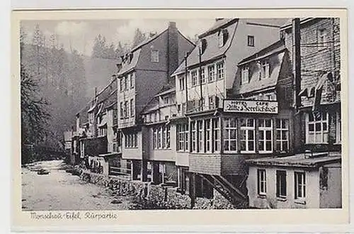 09619 Ak Monschau Eifel Rurpartie mit Hotel "Alte Herrlichkeit" 1956