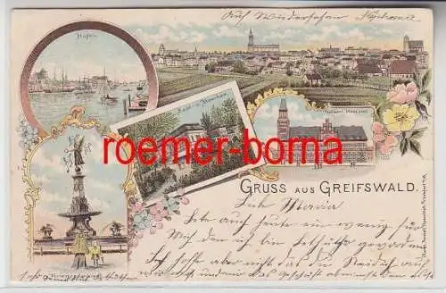 74164 Ak Lithografie Gruss aus Greifswald Post, Hafen usw. um 1900