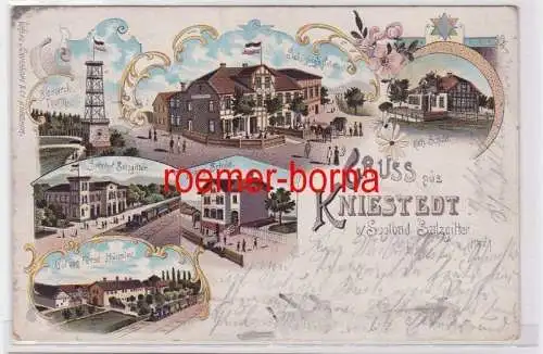 85706 Lithografie AK Gruss aus Kniestedt b. Soolbad Salzgitter, Bahnhof & Schule