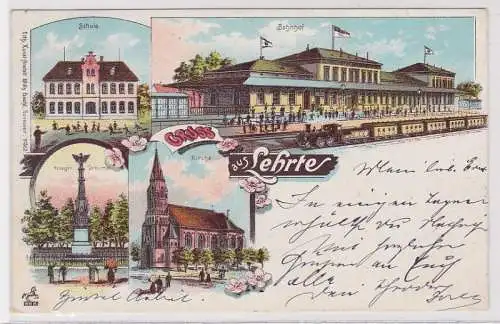 91157 Ak Lithographie Gruss aus Lehrte Bahnhof, Schule usw. 1900