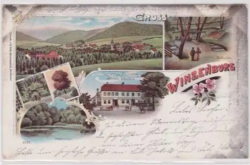 98261 Ak Lithographie Gruß aus Winzenburg Gasthof, Quellen usw. 1900