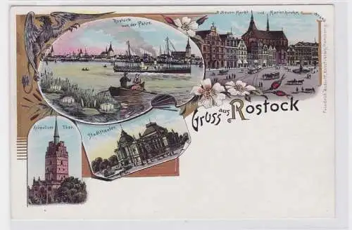 80041 Lithografie AK Gruss aus Rostock - Stadttheater, Markt & Marienkirche