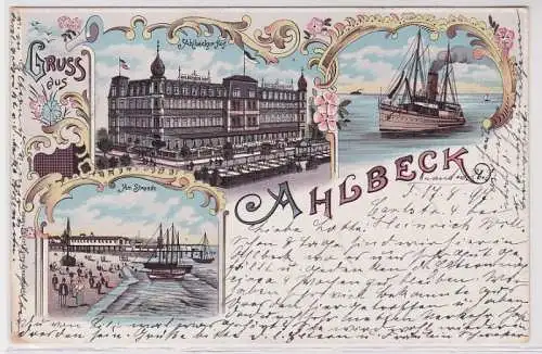 90930 Ak Lithographie Gruß aus Ahlbeck Hotel, Dampfer, Strand 1897