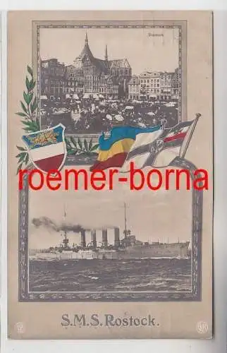 72203 Mehrbild Ak Rostock Markt und S.M.S. Rostock mit farbigen Fahnen 1915
