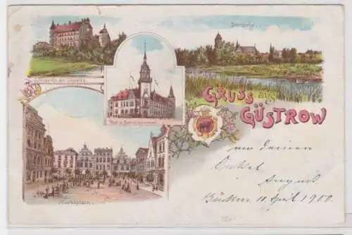 95653 Ak Lithographie Gruß aus Güstrow Marktplatz, Post, Schloß usw. 1900