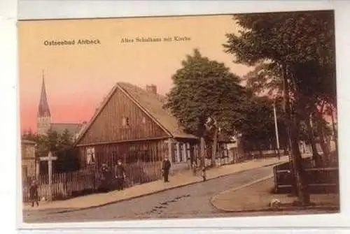 47423 Ak Ostseebad Ahlbeck altes Schulhaus mit Kirche um 1920