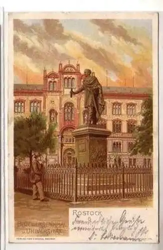 52587 Ak Lithographie Rostock Blücherdenkmal und Universität 1900