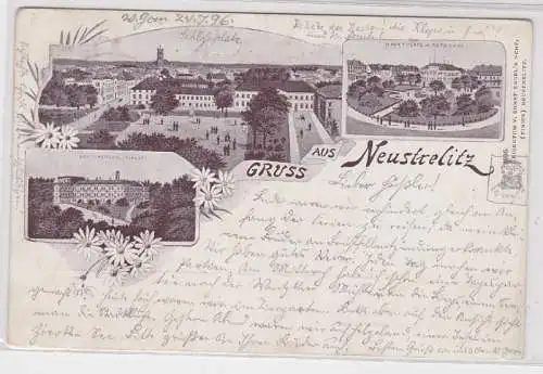 91166 AK Gruss aus Neustrelitz - Grossherzogl. Schloss Marktplatz & Rathaus 1896