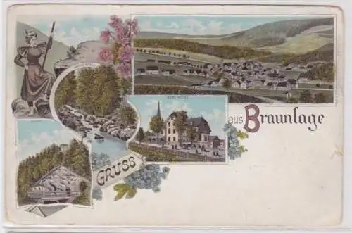 95421 Glitter Ak Lithographie Gruss aus Braunlage - Wasserfall, Berghotel usw.