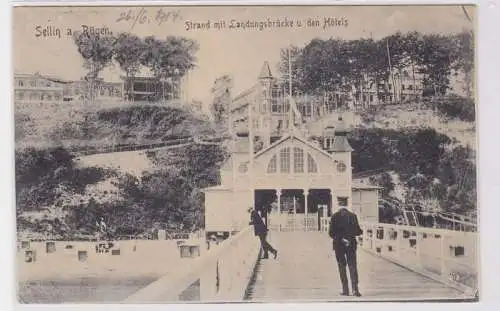 76198 Ak Sellin auf Rügen Strand mit Landungsbrücke 1914