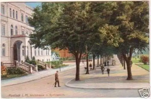 19399 Ak Rostock Wallstraße mit Gymnasium um 1910