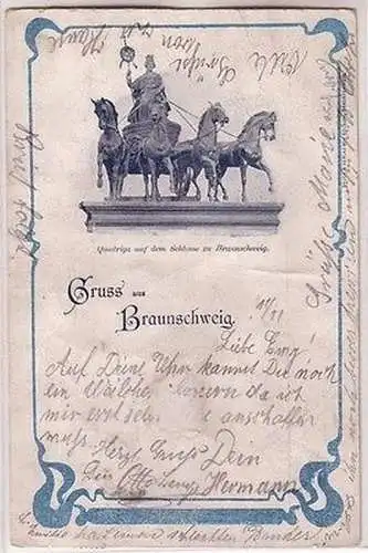 67357 Ak Gruß aus Braunschweig Quadriga auf dem Schloss 1900