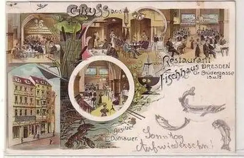 58474 Ak Lithographie Gruß aus dem Restaurant Fischhaus Dresden 1899