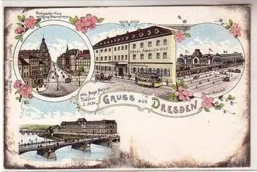 42431 Ak Lithograhie Gruß aus Dresden Hotel Amalien Hof um 1900