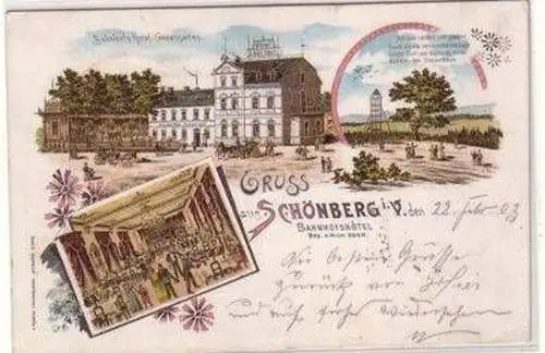 46182 Ak Lithographie Gruß aus Schönberg i.V. Hotel 1903