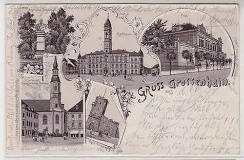 58118 Ak Gruss aus Grossenhain Rathaus Denkmal Post Kirche Kupferbergturm 1898