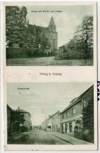 58286 Ak Dölzig bei Leipzig Partie mit Kircheund Schule, Hauptstraße 1929