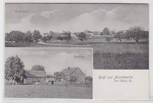 51667 Mehrbild Ak Gruß aus Auschkowitz Dorfansicht, Gasthaus um 1930