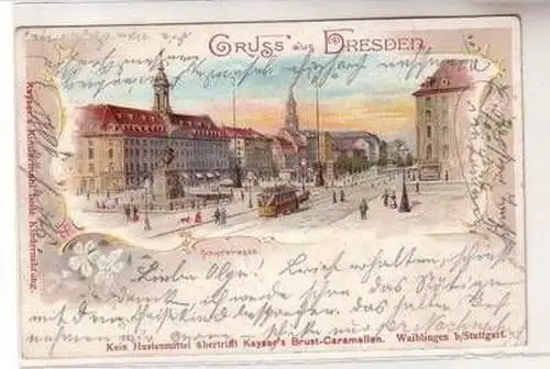 57961 Ak Lithografie Gruss aus Dresden Hauptstrasse mit Pferdebahn 1899