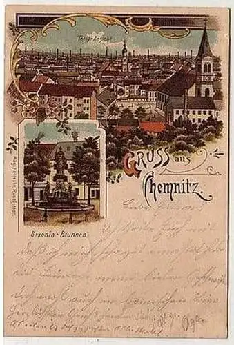 27905 Ak Lithographie Gruß aus Chemnitz Saxonia Brunnen 1902