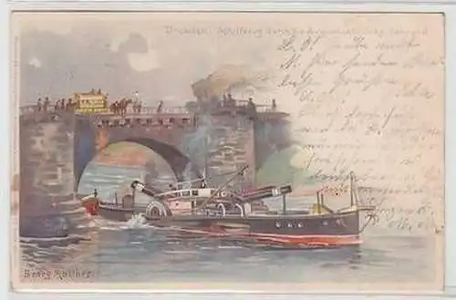 57653 Künstler Ak Dresden Schiffszug durch die Augustusbrücke fahrend 1899