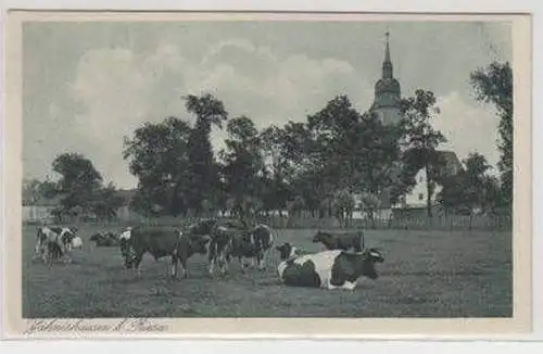 49094 Ak Jahnishausen b. Riesa Weide Kühe Kirche um 1920