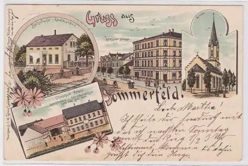 98639 Ak Lithographie Gruß aus Sommerfeld Bahnhof Restaurant usw. 1900